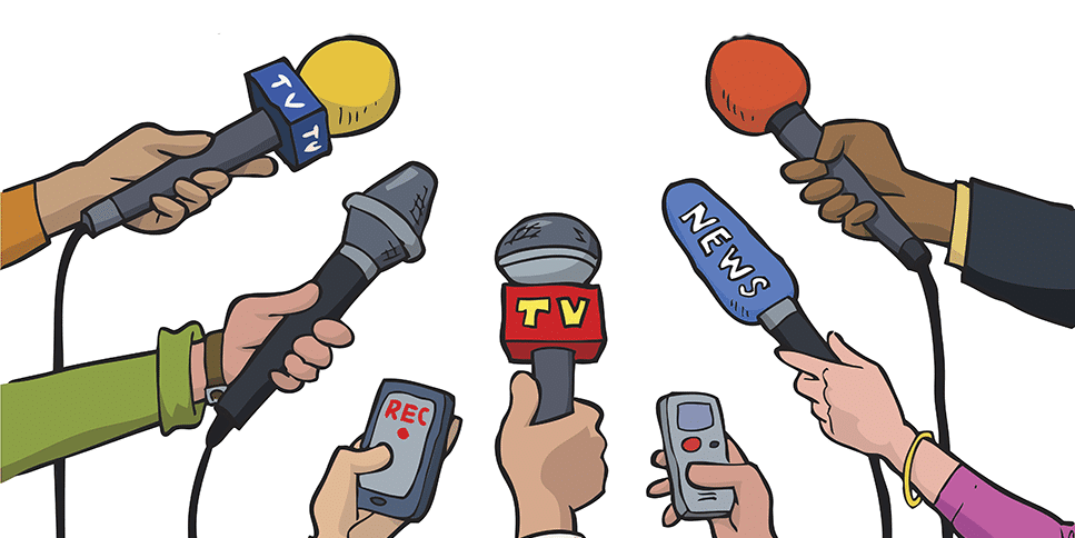 cartoon of various hands holding microphones at news conference