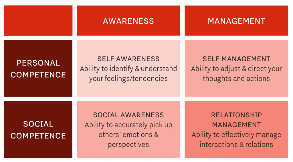 imagery of a chart outlining personal and social competence as it relates to awareness and management in the overall concept of emotional intelligence