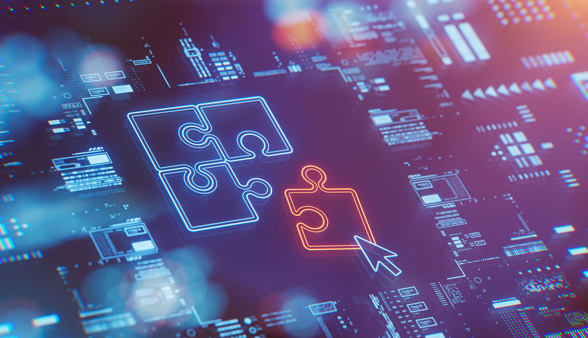A computer graphic shows technology and a puzzle piece to signify communication strategy